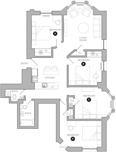 Floor plan for 4 beds, 2 baths, 363 sqft